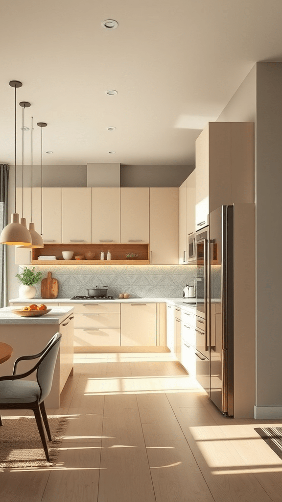 A modern beige kitchen with sleek cabinets and an open layout, featuring natural light and a cozy dining area.