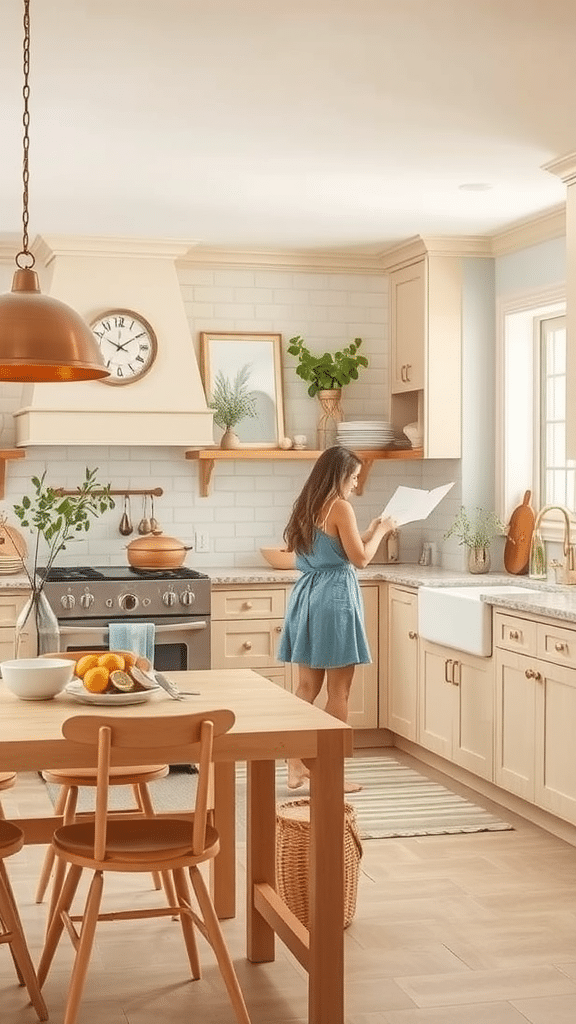A warm beige kitchen with wooden cabinets and a family gathering space.