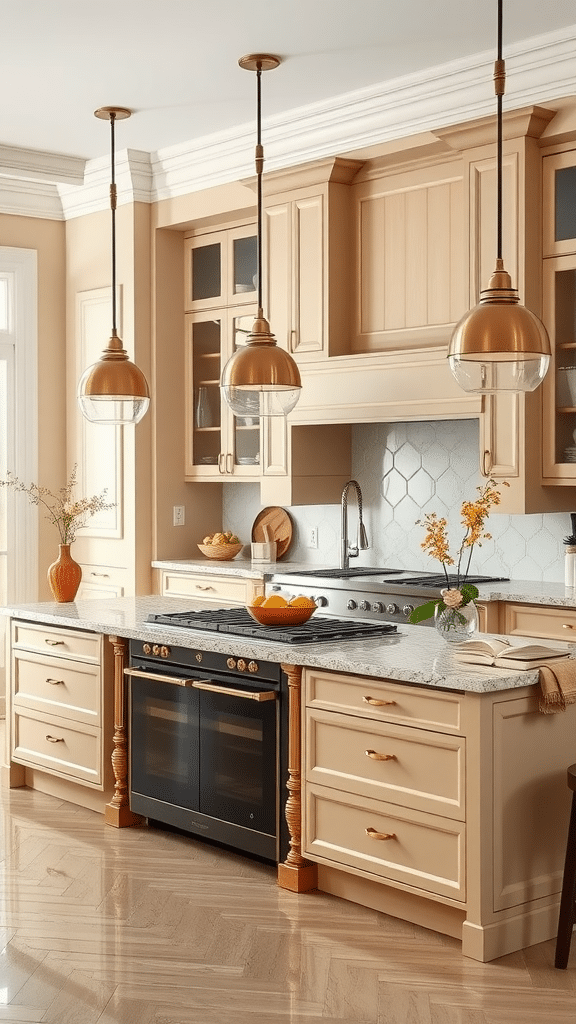 A stylish beige kitchen featuring elegant cabinets and contemporary lighting.