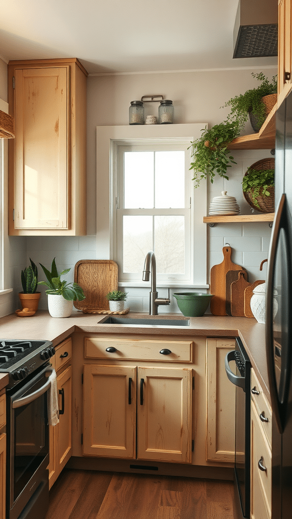 A beige kitchen featuring open shelving, natural wood cabinets, and plants.
