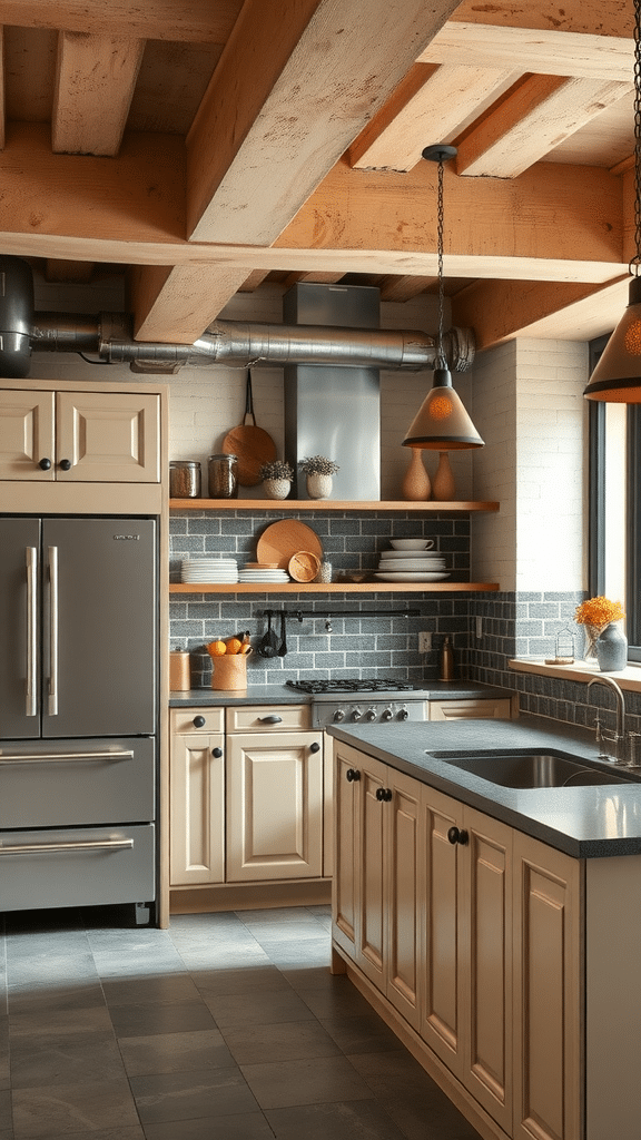 A modern kitchen featuring beige cabinets, exposed wooden beams, and industrial accents.