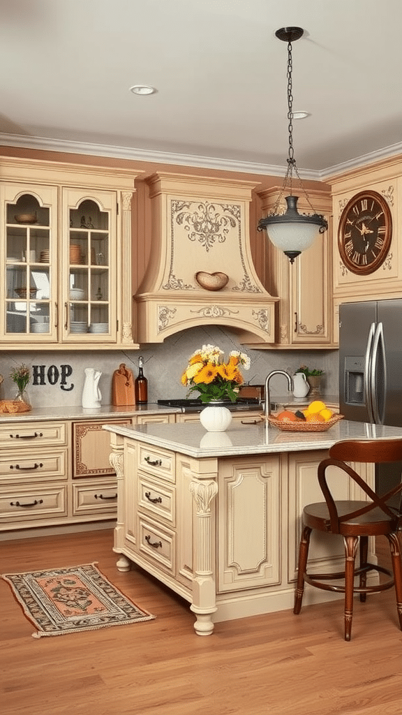 A beautiful beige kitchen featuring ornate cabinets and a stylish island.