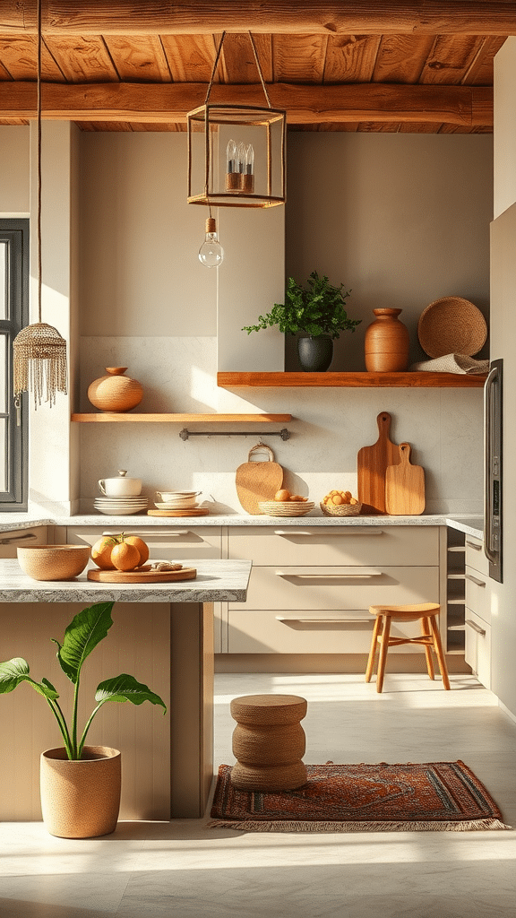 A warm beige kitchen with wooden shelves, plants, and earthy decor.