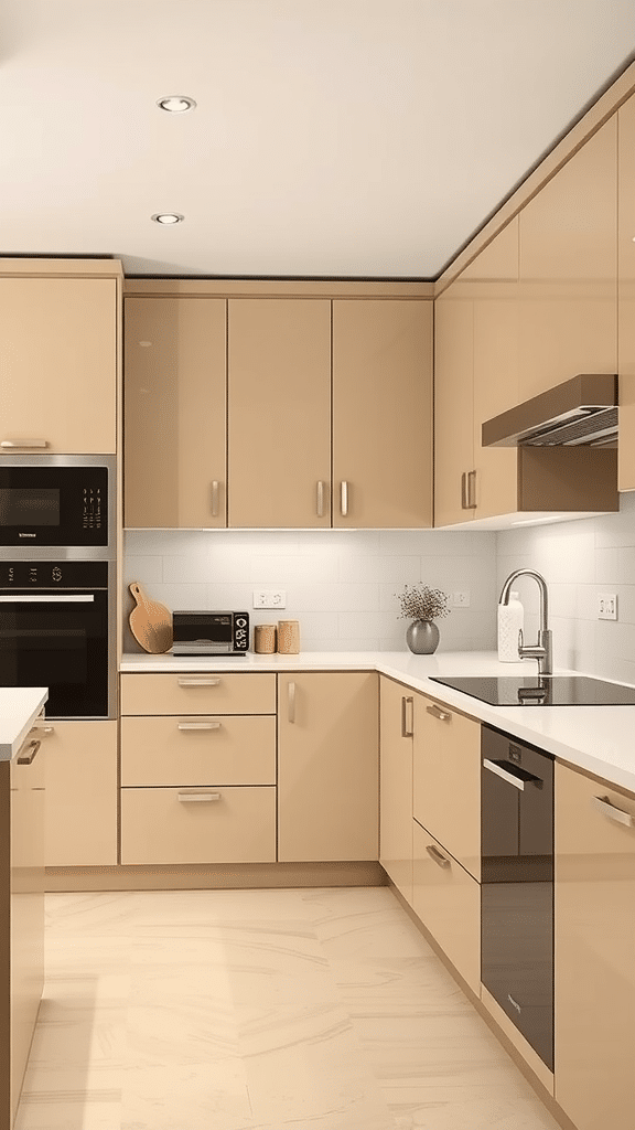 A modern beige kitchen featuring sleek cabinets and minimalist design.