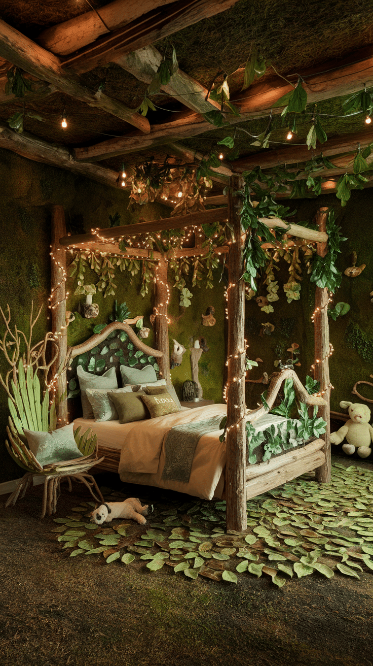 a bed with lights and plants