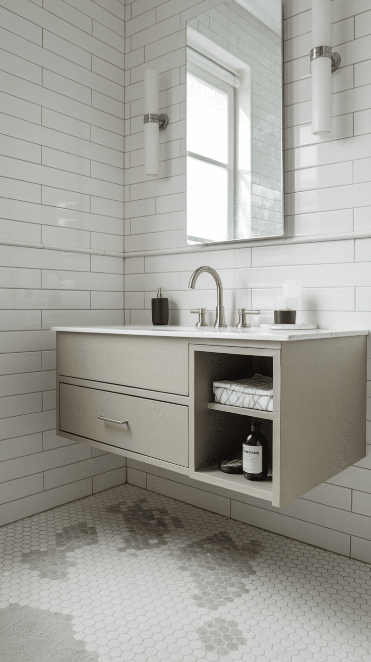A modern floating vanity with a mirror and stylish fixtures in a bathroom setting.