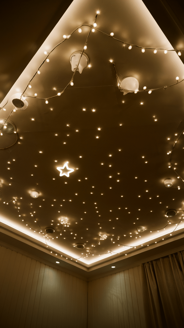 A ceiling decorated with twinkling lights and star-shaped designs