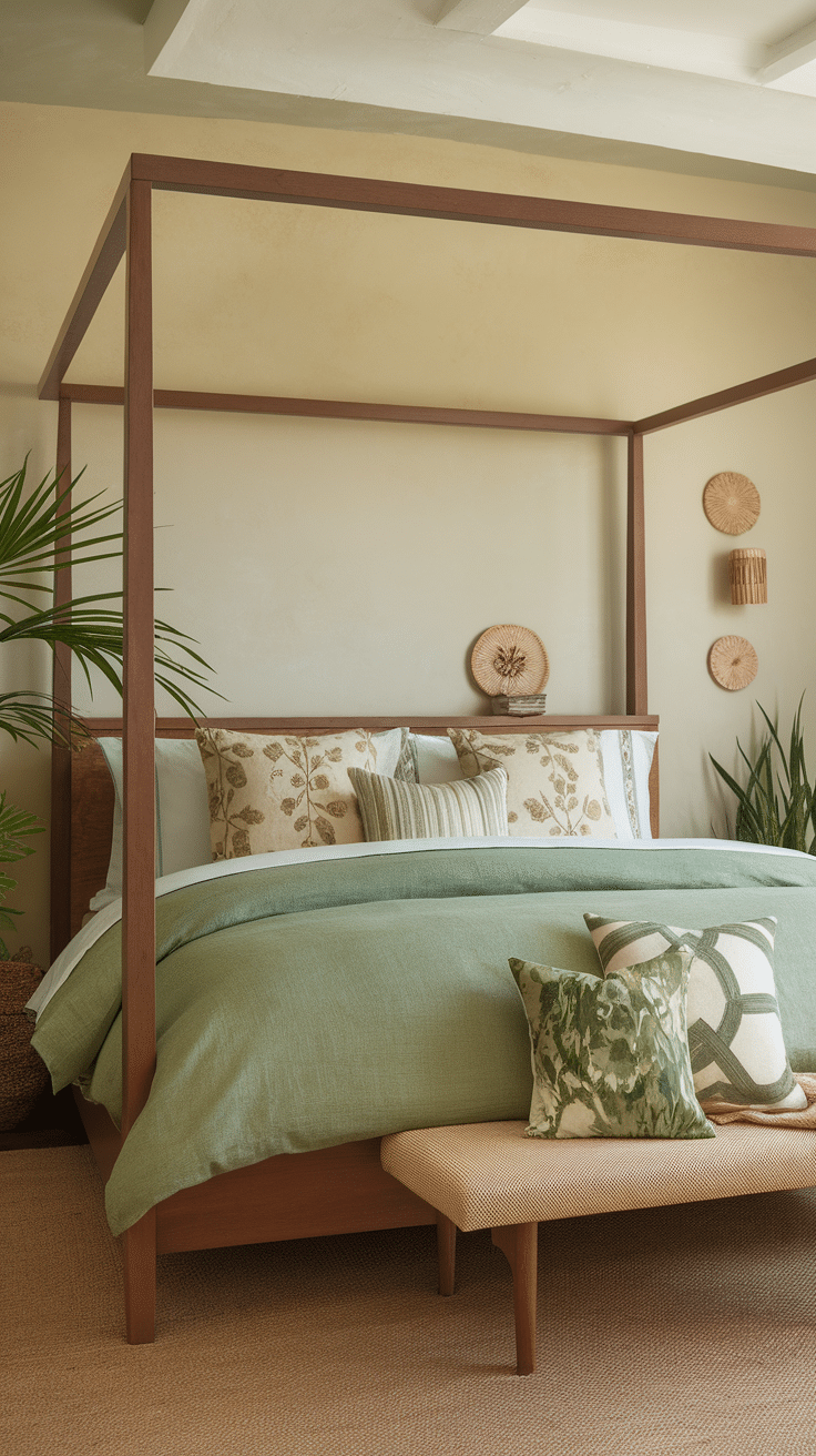 A serene bedroom with a nature-inspired color palette featuring soft greens and earthy tones.
