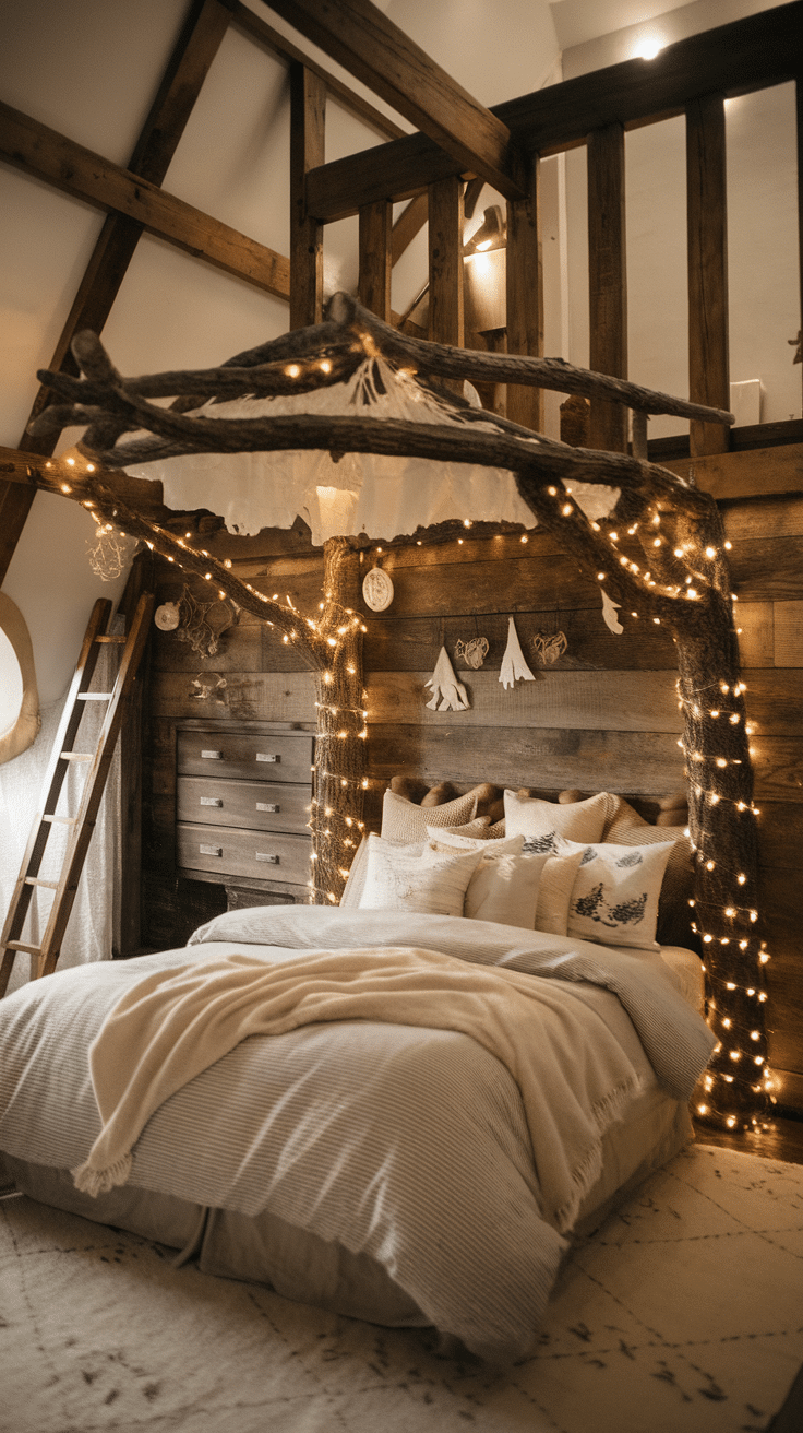 Cozy bedroom featuring a tree canopy bed with soft lighting and rustic decor.