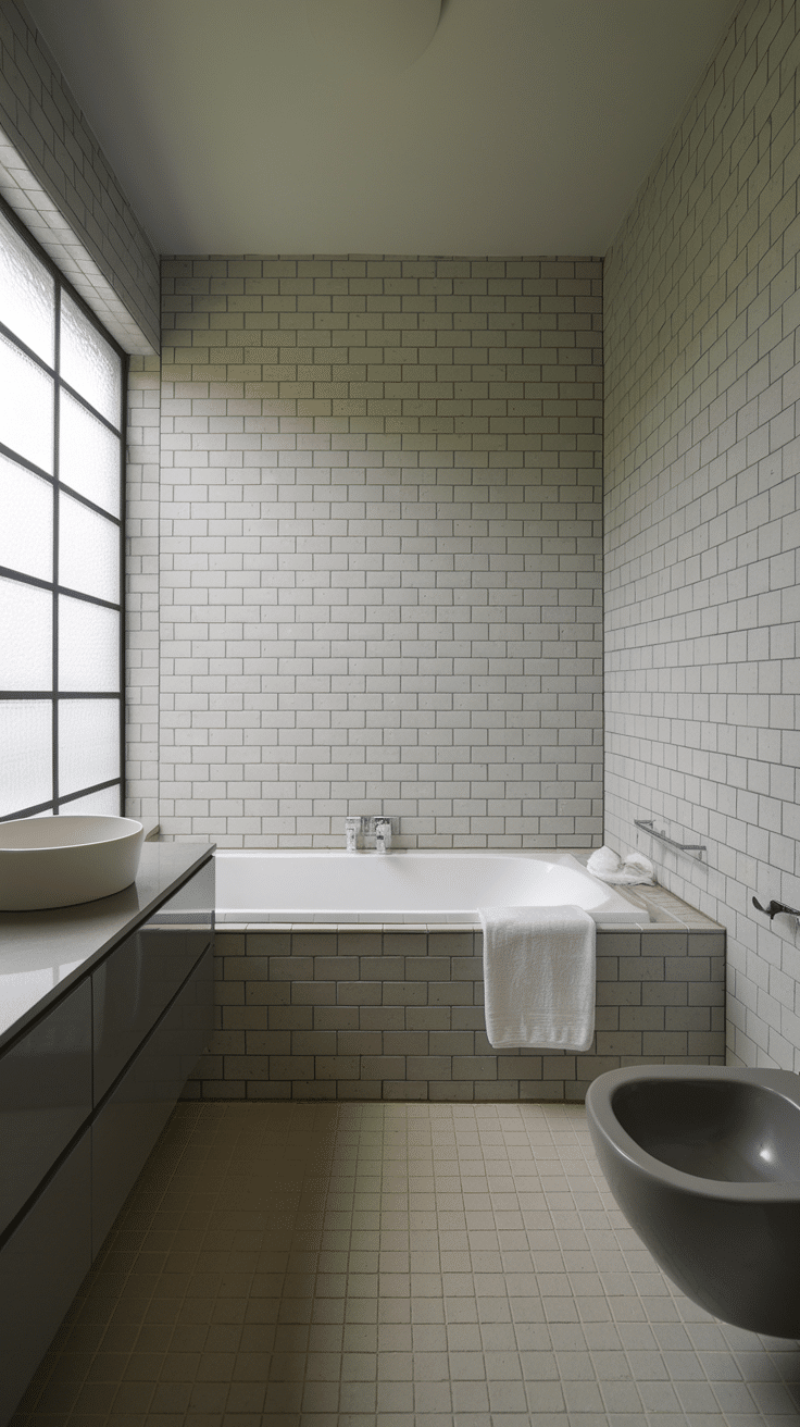 A sleek minimalist bathroom with a bathtub, modern sink, and tiled walls.