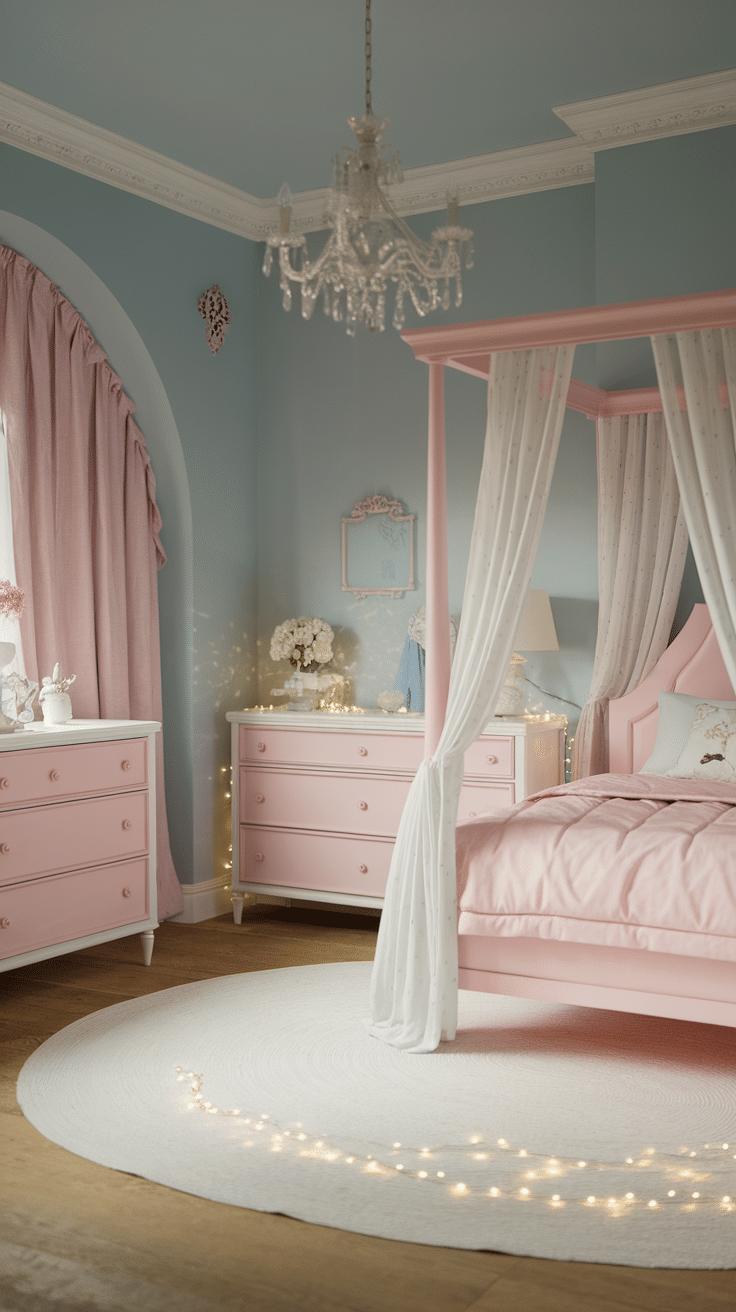 A cozy bedroom featuring soft pink furniture and blue walls, with a chandelier and decorative elements.