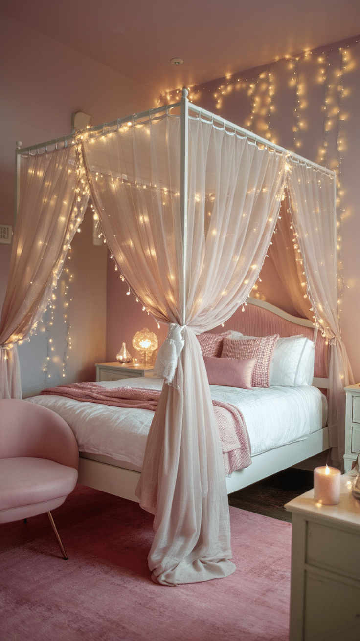 A whimsical canopy bed with soft drapes and fairy lights in a pastel pink room.