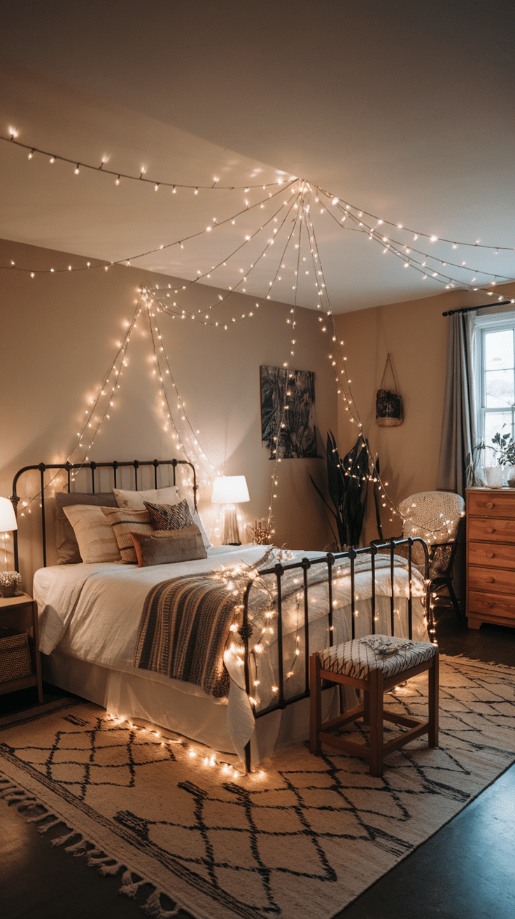A cozy bedroom adorned with fairy lights creating a charming atmosphere.