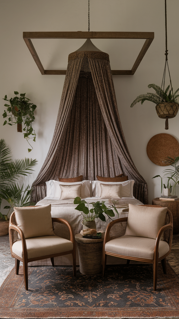 A cozy room featuring a fabric canopy above a bed, surrounded by plants and comfortable seating.