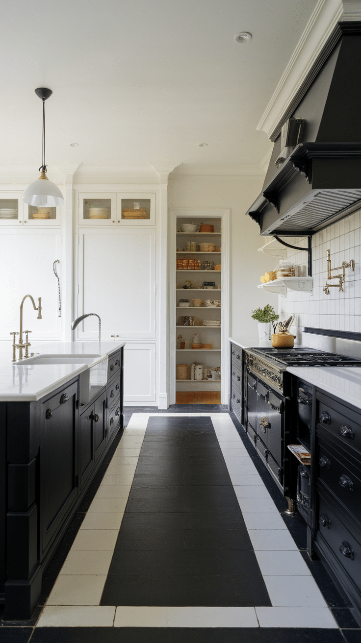 A modern kitchen featuring black and white cabinetry, an island, and a pantry with open shelving.