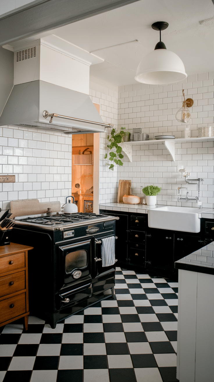A vintage kitchen with a modern design, featuring a black stove, white tiles, and a cozy aesthetic.