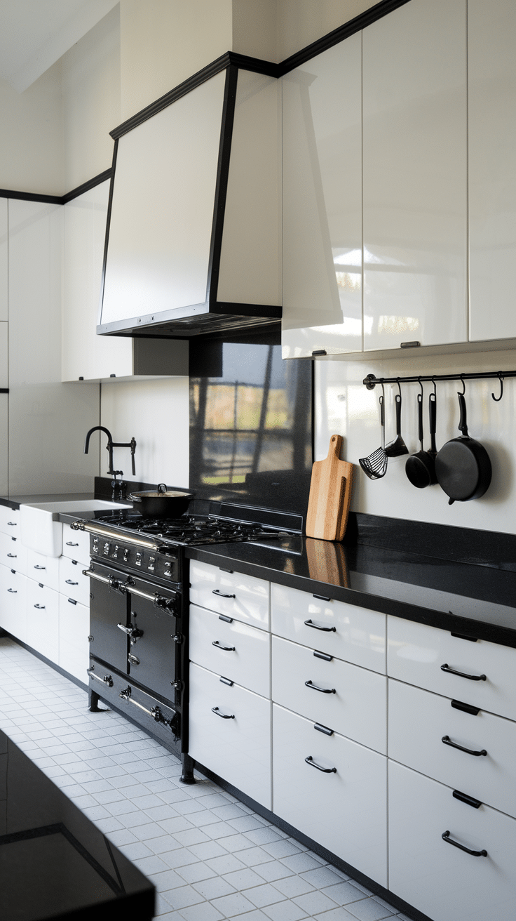 Modern kitchen with black and white design featuring sleek cabinets and countertops.