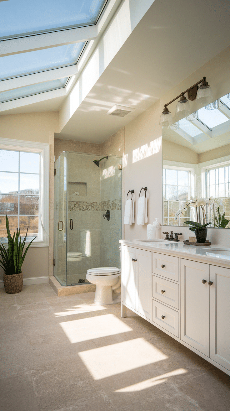 Bright and airy bathroom with large windows, skylight, and modern fixtures.