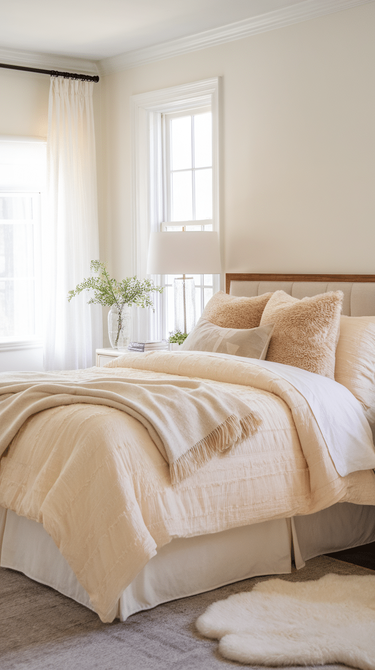 Soft creamy bedding with layers of blankets and plush pillows in a bright bedroom