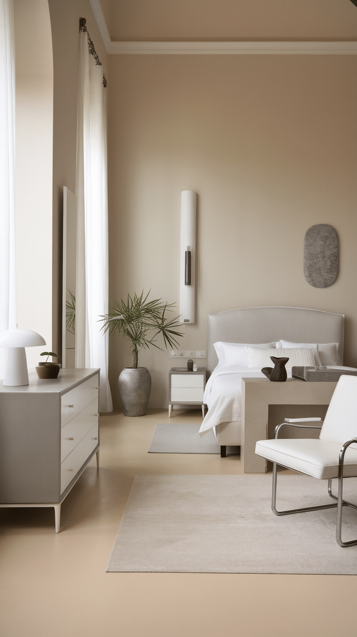 A beautifully arranged minimalistic bedroom featuring neutral tones and sleek furniture.