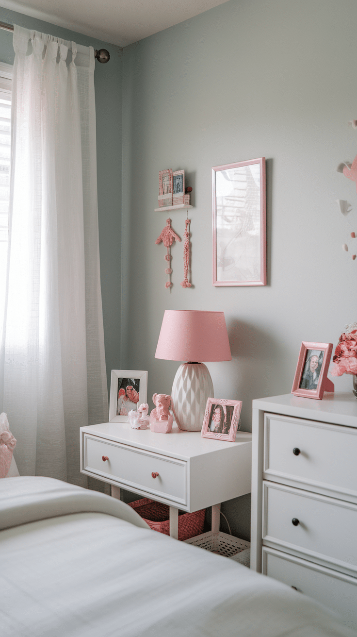 A cozy bedroom corner featuring soft pastel colors, personal photos, and cute decor items.