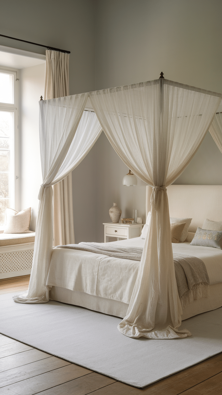 A serene bedroom featuring a canopy bed draped in soft, light-colored fabrics, with a minimalist design.