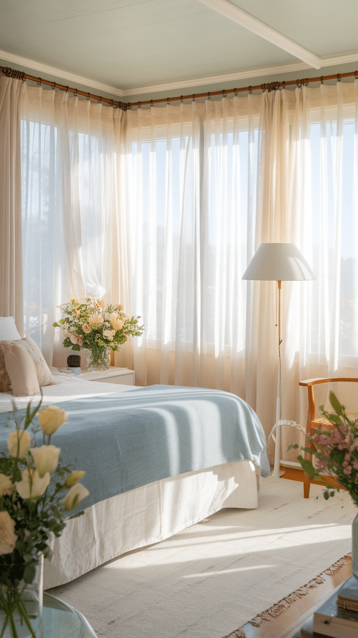 A bright bedroom with large windows, soft curtains, and fresh flowers on display.