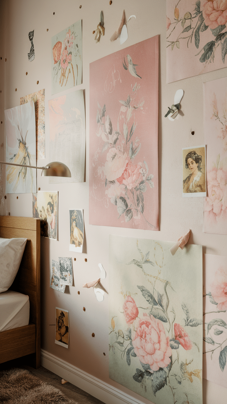 A bedroom wall decorated with pastel floral prints and art pieces.
