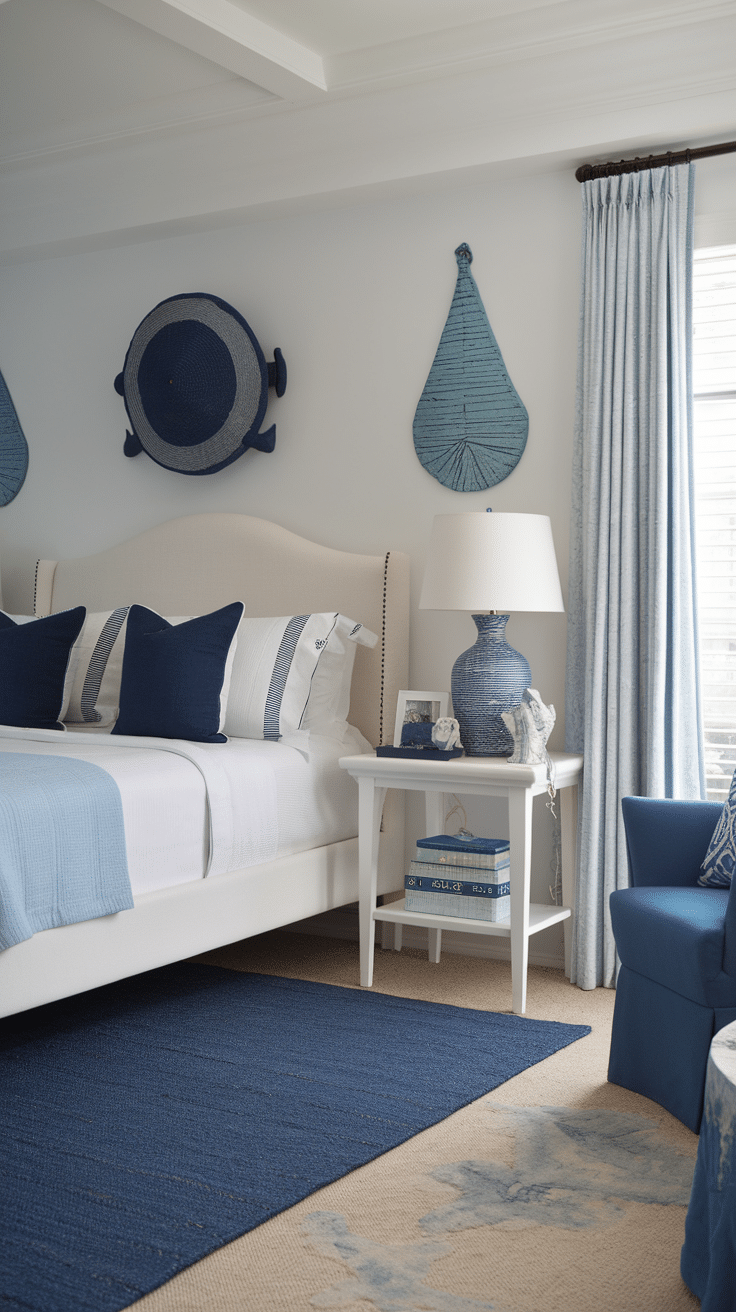 A stylish blue and white coastal bedroom with nautical decor and inviting textures.