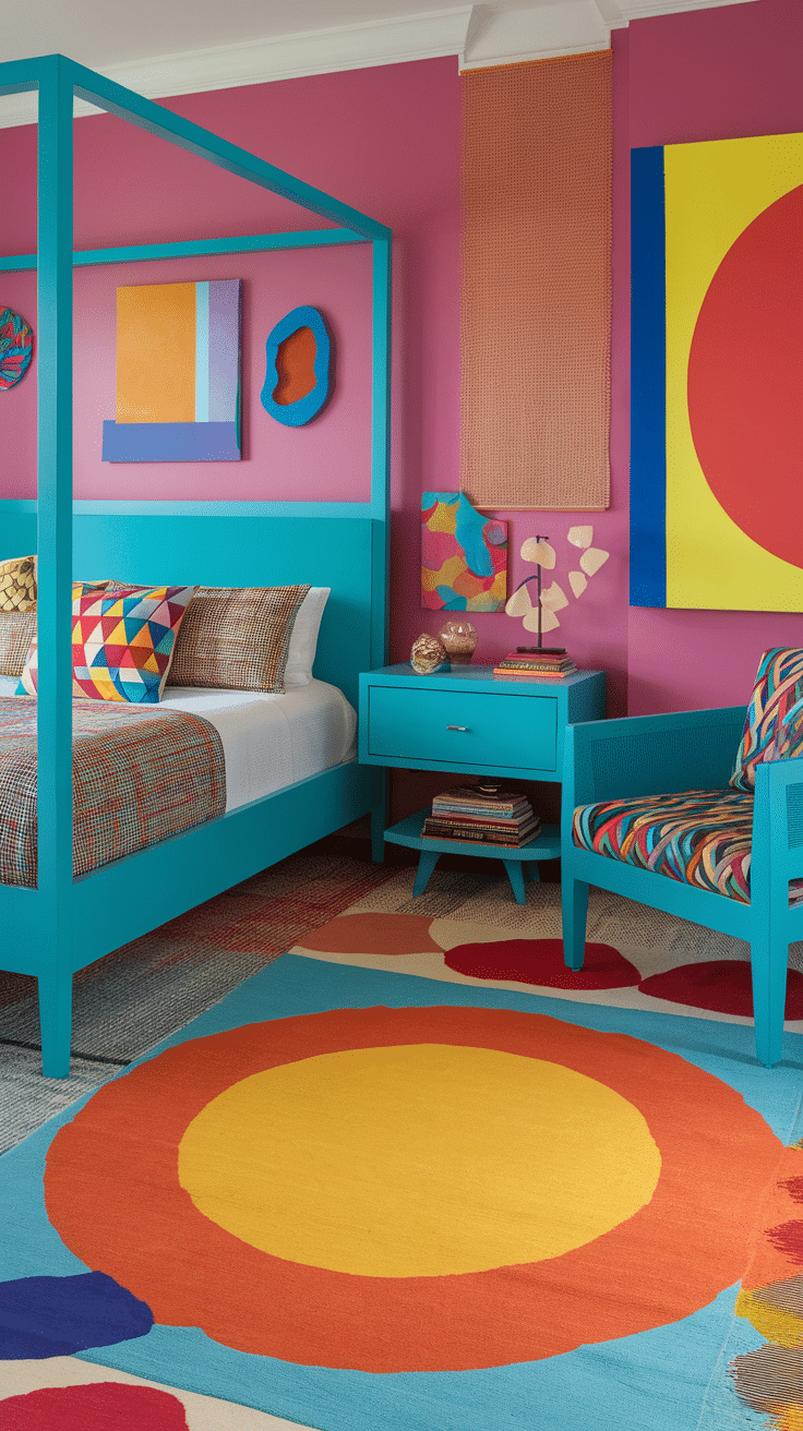 A vibrant turquoise bedroom featuring a four-poster bed, colorful decor, and a playful area rug.