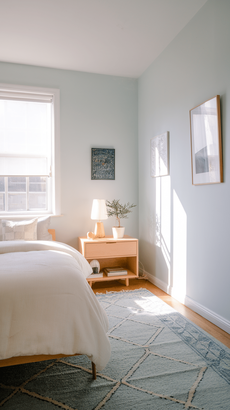 A cozy bedroom featuring sky blue walls, minimal decor, a wooden bed frame, and a sunlit window.