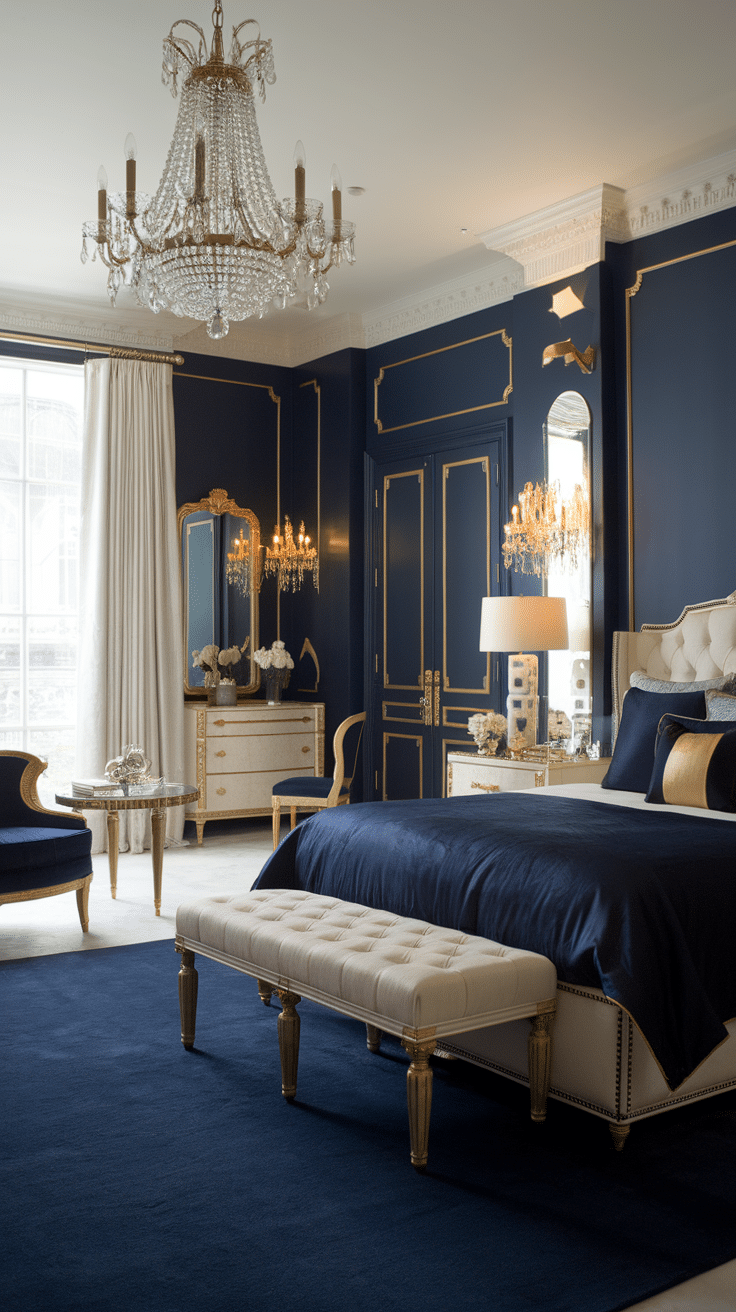 A luxurious bedroom with rich navy walls and gold accents, featuring a chandelier and elegant furniture.
