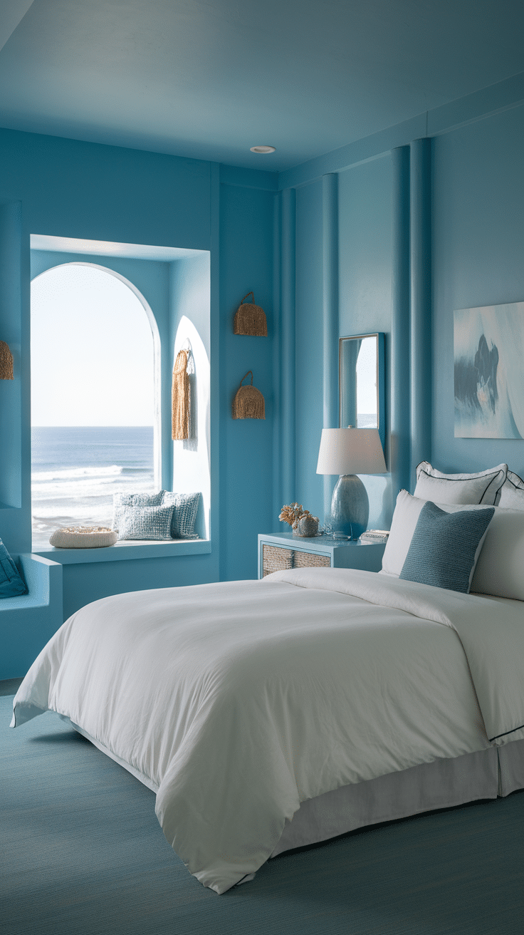 A serene blue bedroom with ocean views and natural decor.