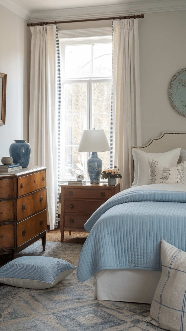 A softly decorated bedroom featuring muted blue pastels, including a blue quilt and cushions, with wooden furniture and natural light.