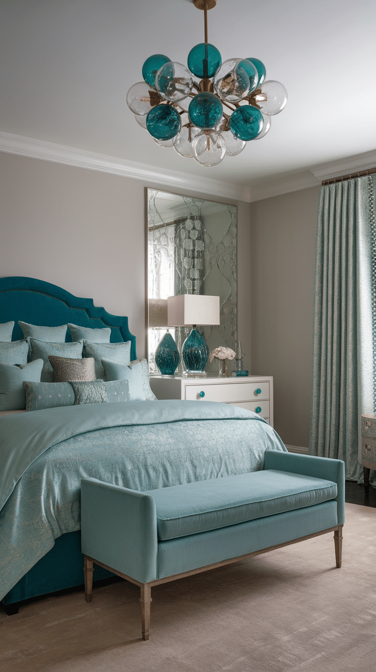 A beautifully decorated bedroom featuring teal accents in bedding, furniture, and decor.