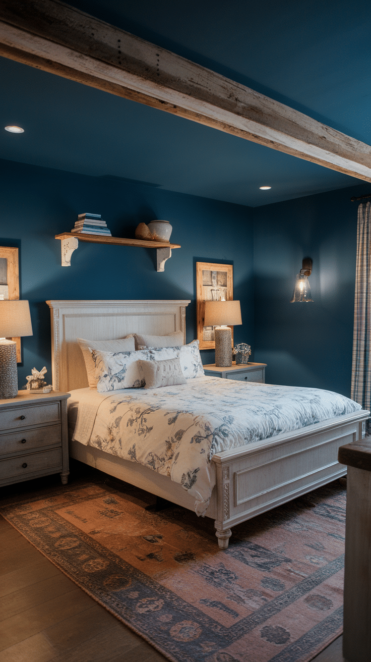 Cozy rustic bedroom with deep blue walls and wooden elements