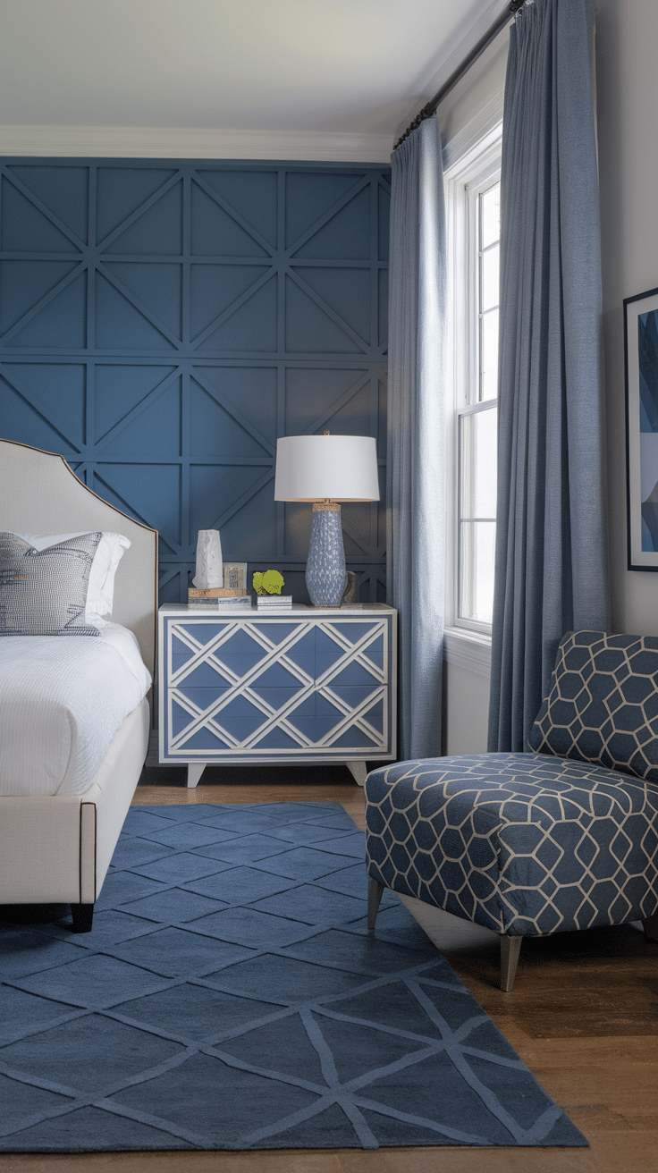 A modern blue bedroom featuring geometric patterns on the walls and furniture.