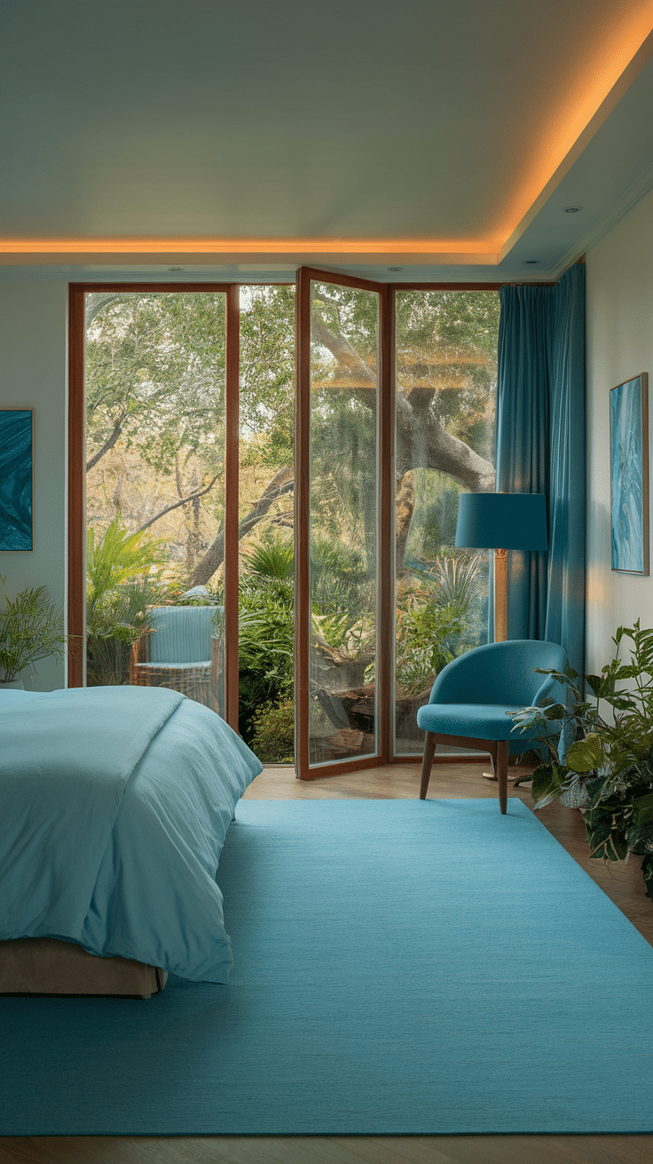 A serene cyan-themed bedroom featuring a bed, a chair, and large windows overlooking greenery.