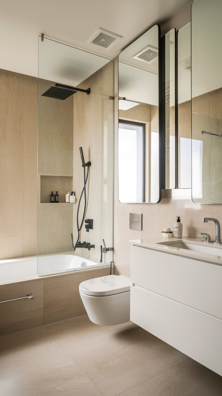 A modern bathroom featuring a shower, bathtub, and sleek design.