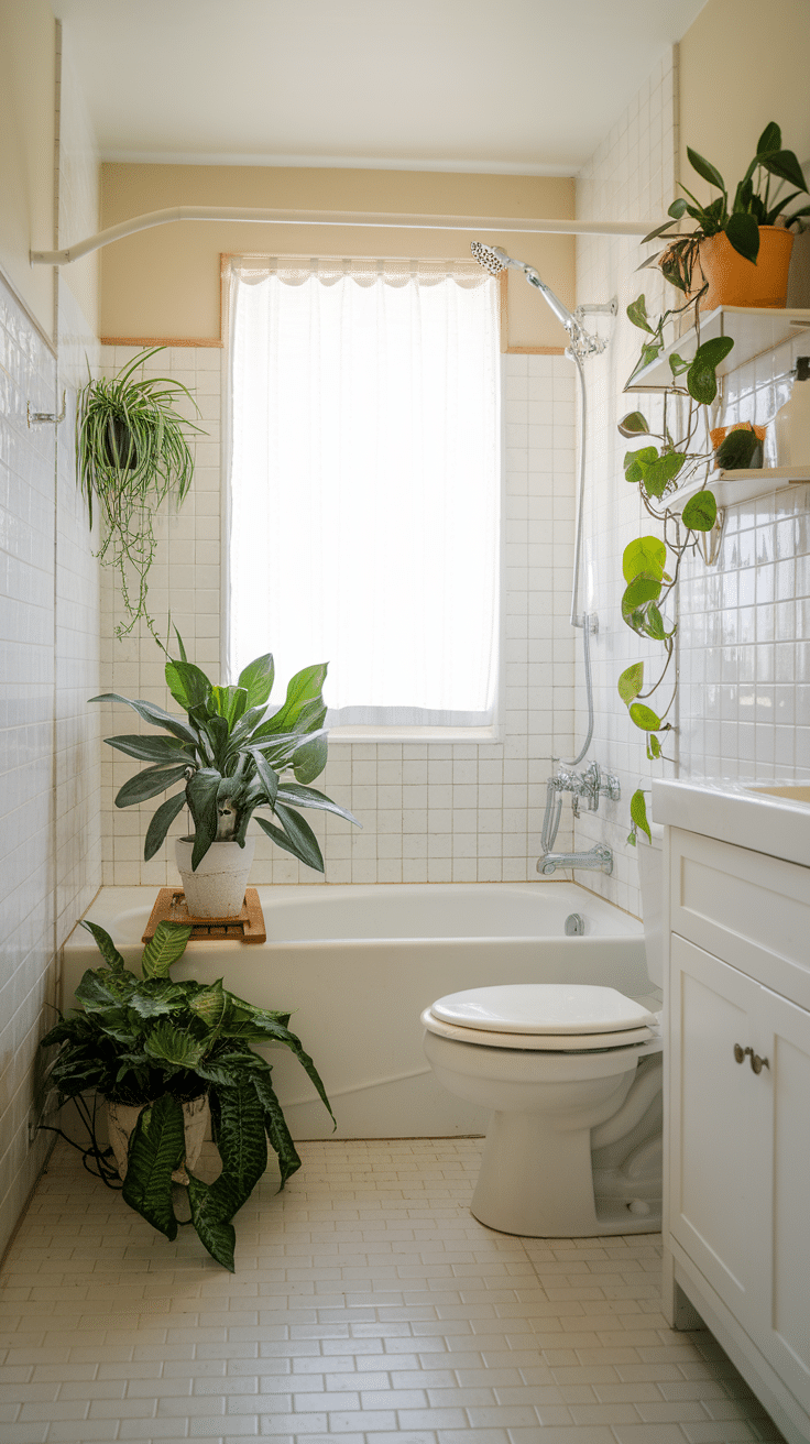 A bright bathroom featuring various indoor plants, including a large potted plant on a wooden stand and smaller plants on shelves.