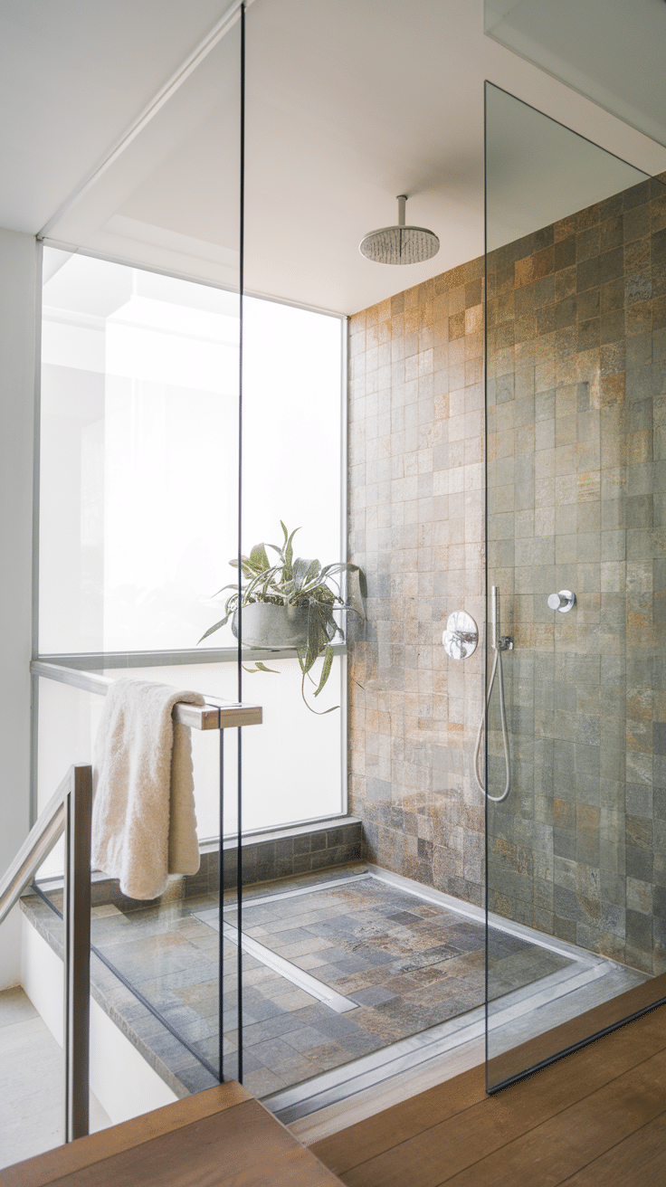 Modern open plan shower area with glass walls and natural light.