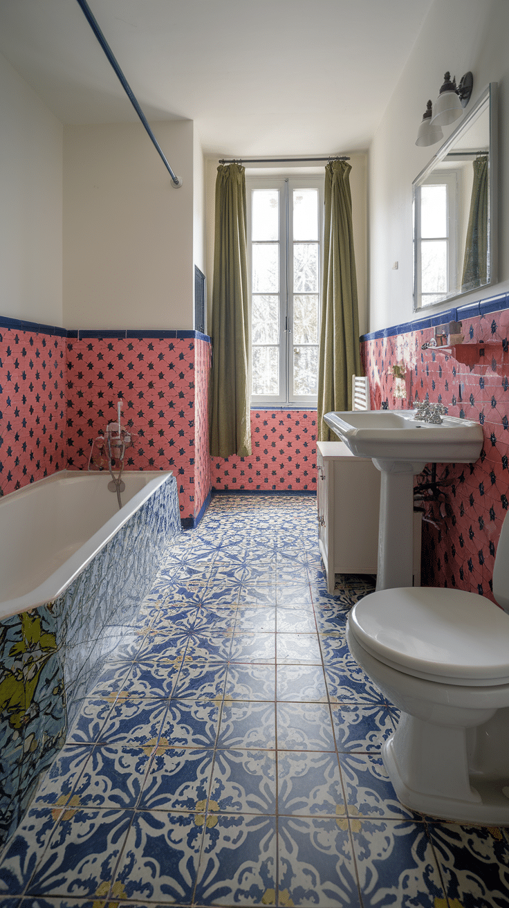 Brightly tiled bathroom with colorful patterns and stylish decor.