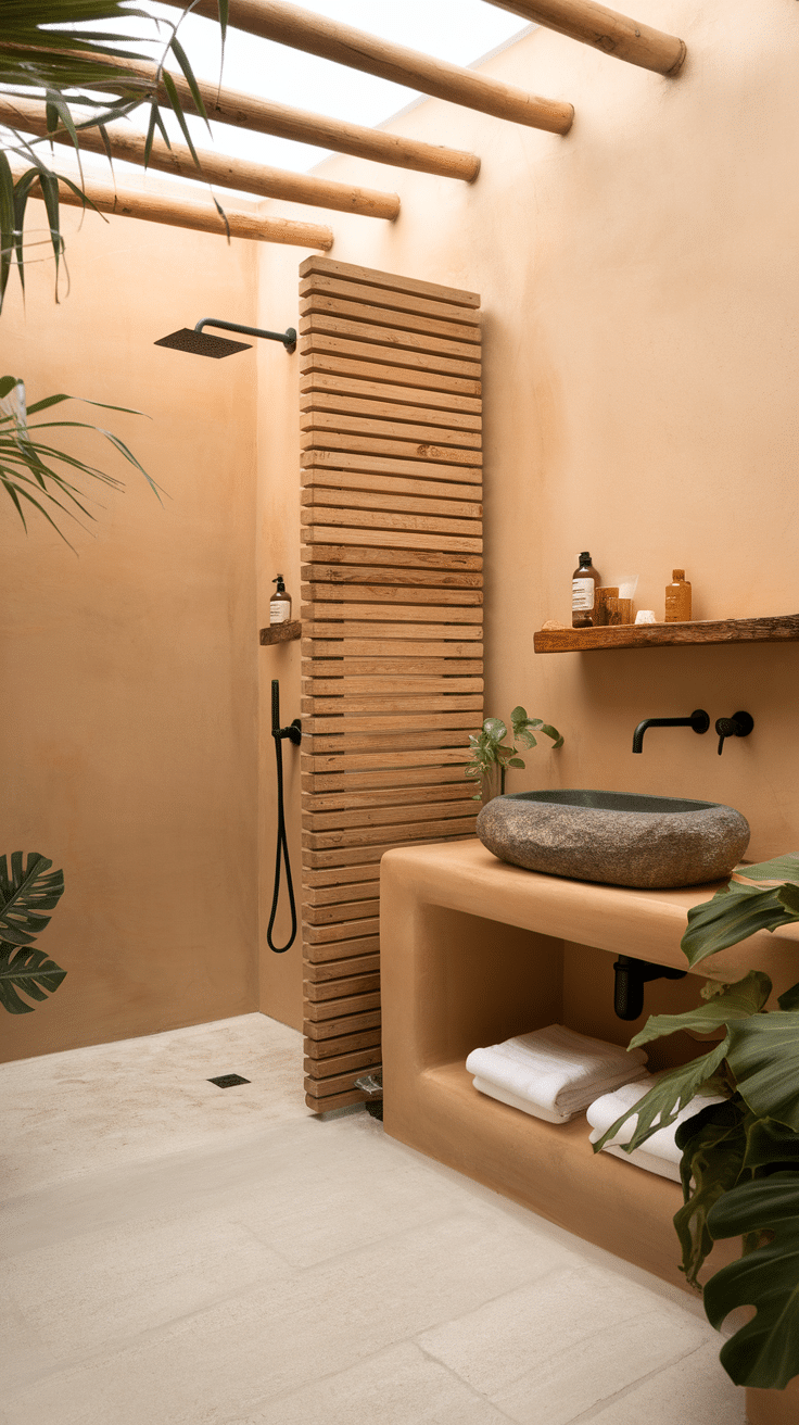 A stylish bathroom featuring earthy tones with a stone sink, wooden accents, and plants.