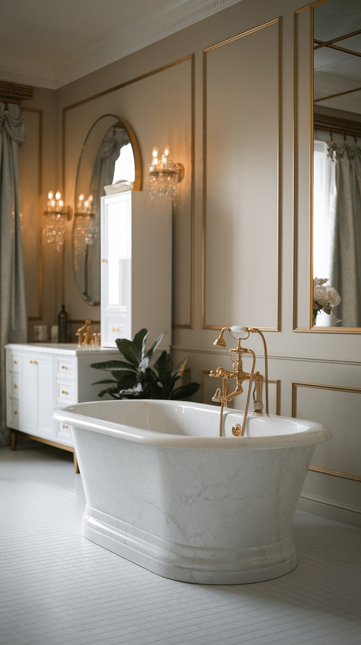 A luxurious freestanding bathtub with elegant fixtures in a stylish bathroom.