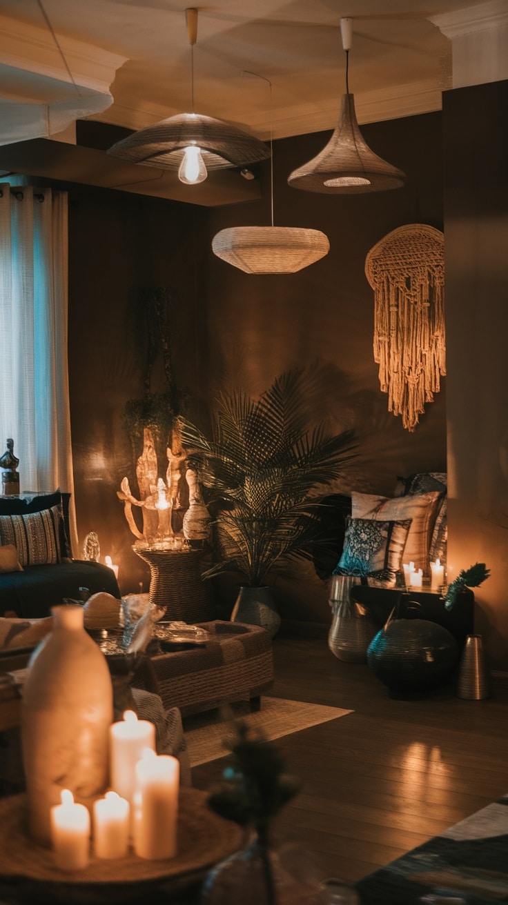 A cozy dark boho living room with unique ambient lighting fixtures and warm tones.