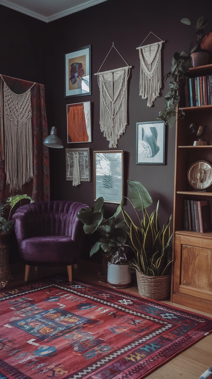 A cozy bohemian living room with an eclectic wall art display, featuring macramé hangings and framed artwork against a dark wall.