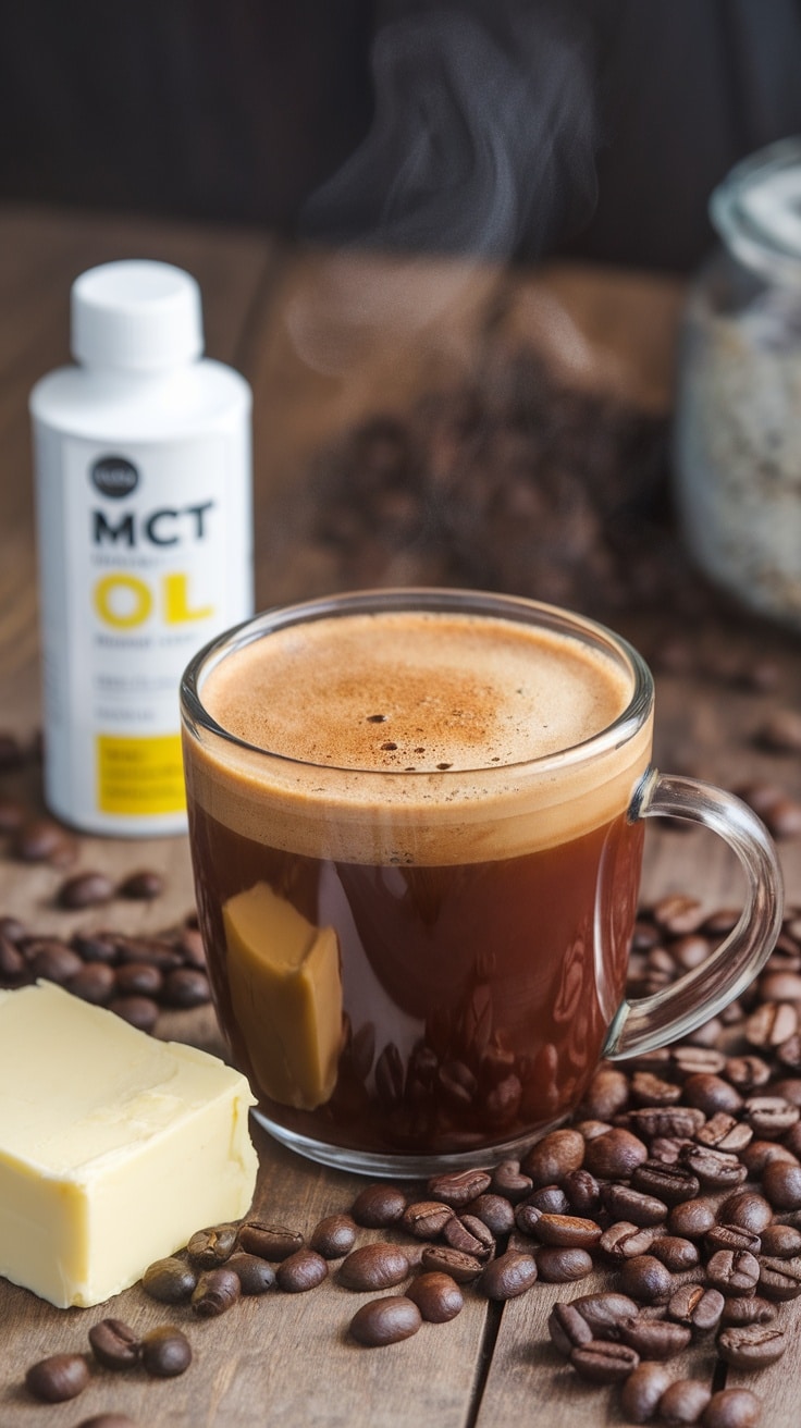 A cup of creamy Bulletproof Coffee with butter and MCT oil on a wooden table.