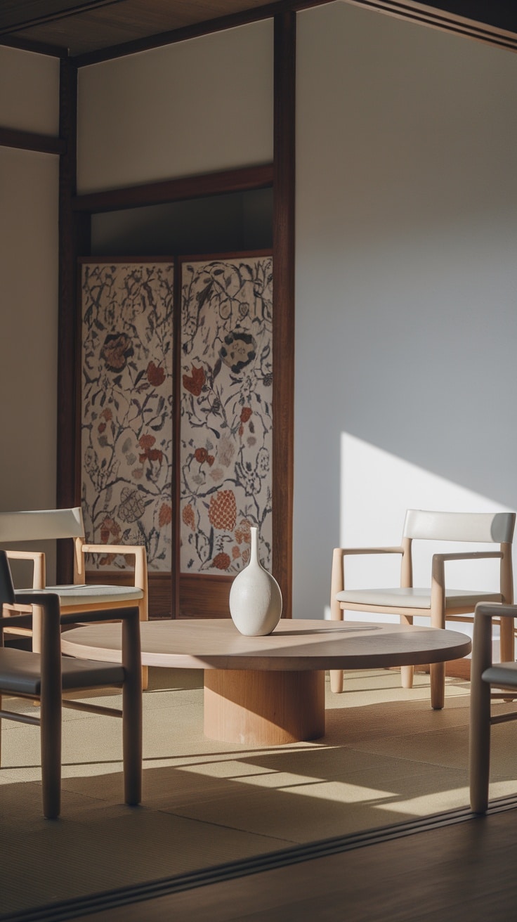 A minimalist Japanese living room featuring wooden chairs, a round coffee table, and a decorative vase.