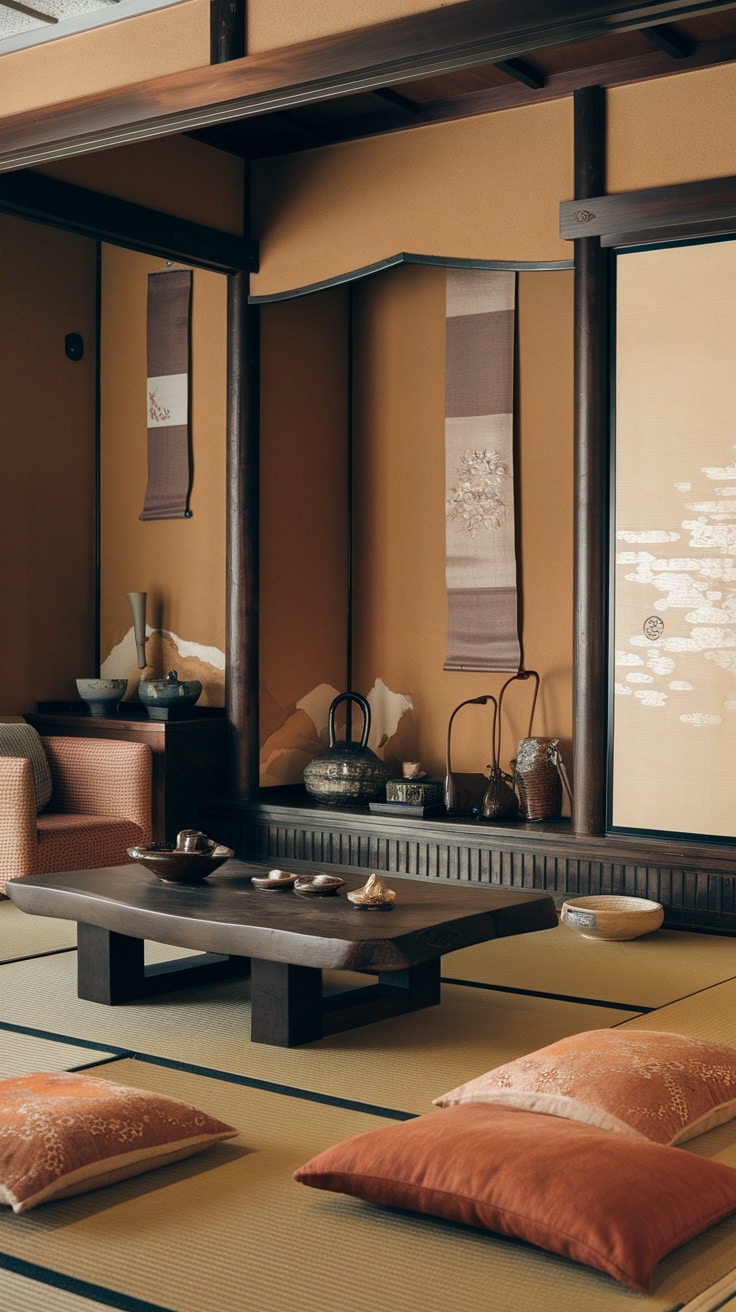 A cozy Japanese living room with warm colors and natural textures.