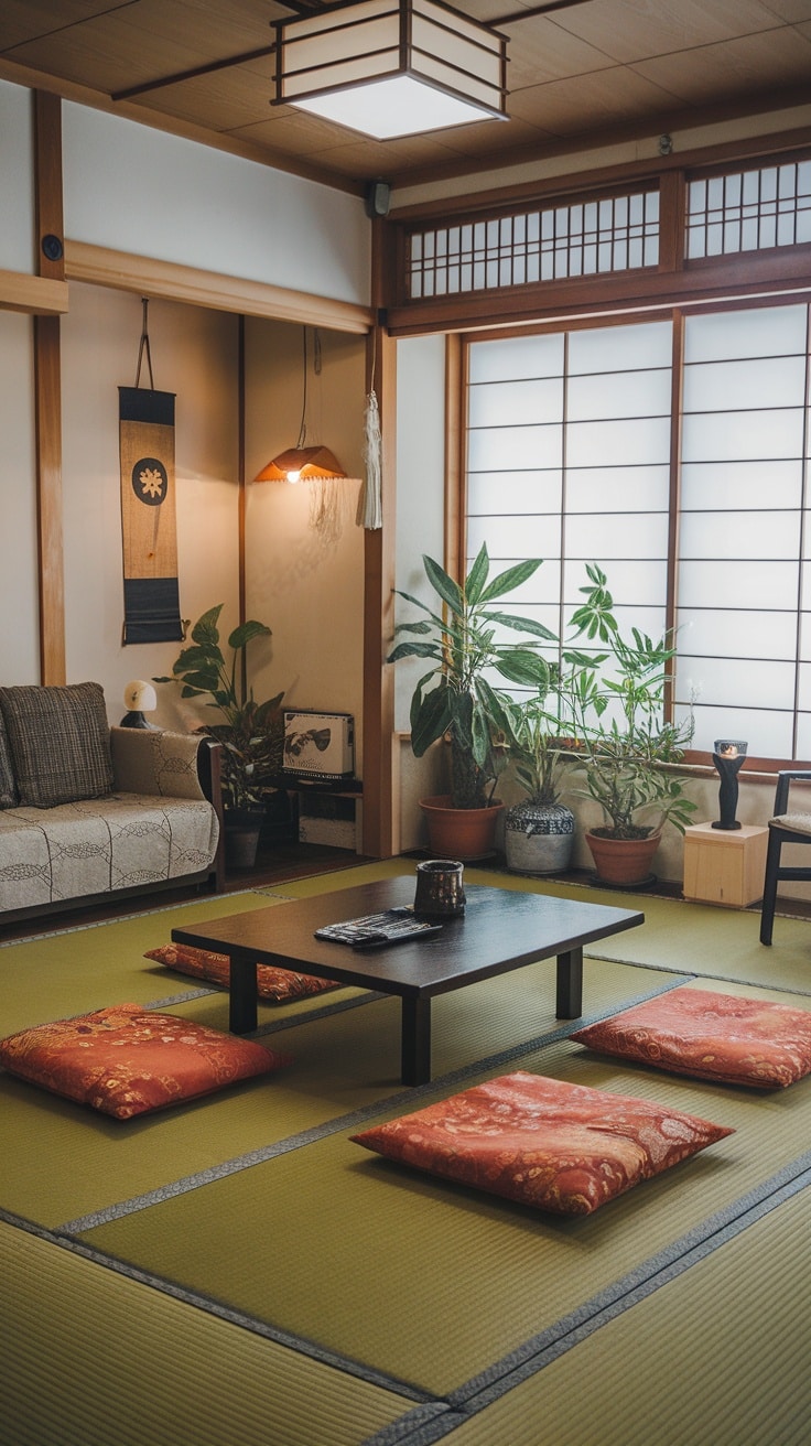A traditional Japanese living room featuring tatami mats and a low table with cushions.
